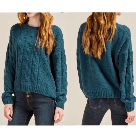 Alya Hayley Chenille Cable Knit Forest Green Crewneck Sweater Size Large - Picture 1 of 10